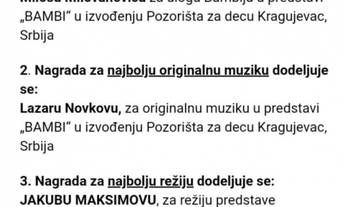 Три награде крагујевачком Позоришту за децу за представу „Бамби” на фестивалу у Суботици